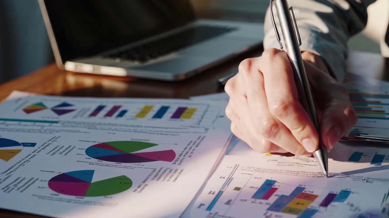 Close-up angle of a hand writing on financial charts, with a laptop in the background