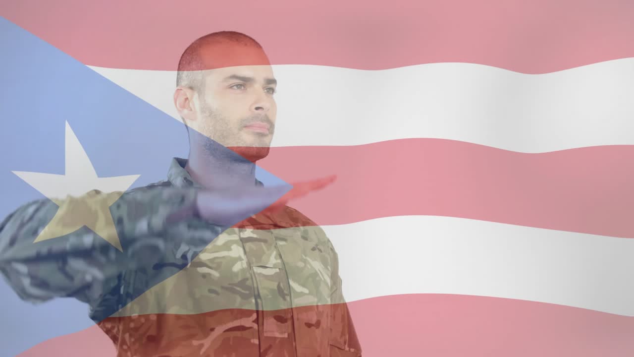 Soldier adjusting jacket then raising salute under animated Puerto Rico flag for technology demo