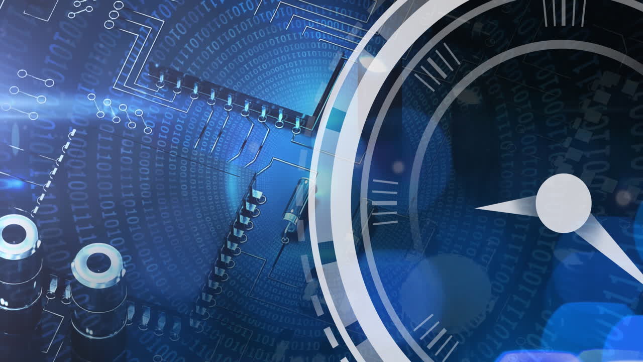 원형 터널에서 메인보드 위의 디지털 시계와 이진 코드의 애니메이션