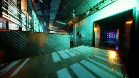 industrial location with colorful lighting creating dynamic shadows at night