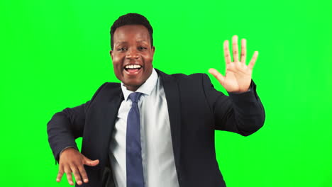 Green-screen,-business-and-happy-black-man-dancing