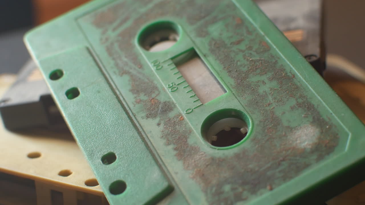 라벨 스티커를 제거한 중고 카세트 테이프