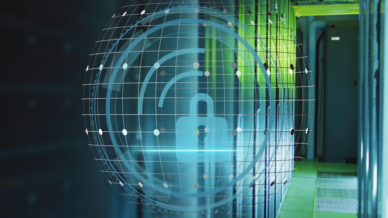 Animation of data processing and padlock over server room