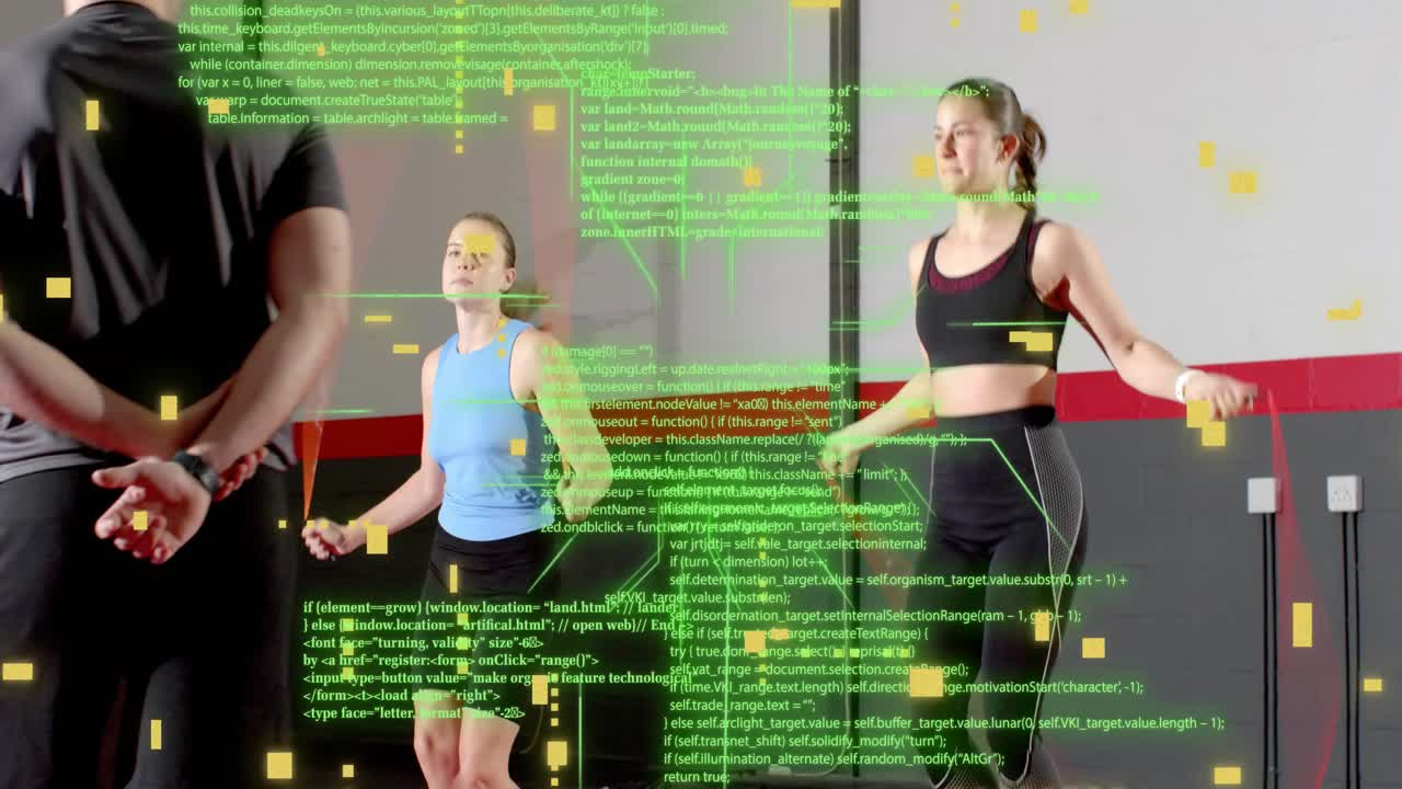 Coach cueing, two women jumping ropes in sync for boxing training, code overlay sweeping over them