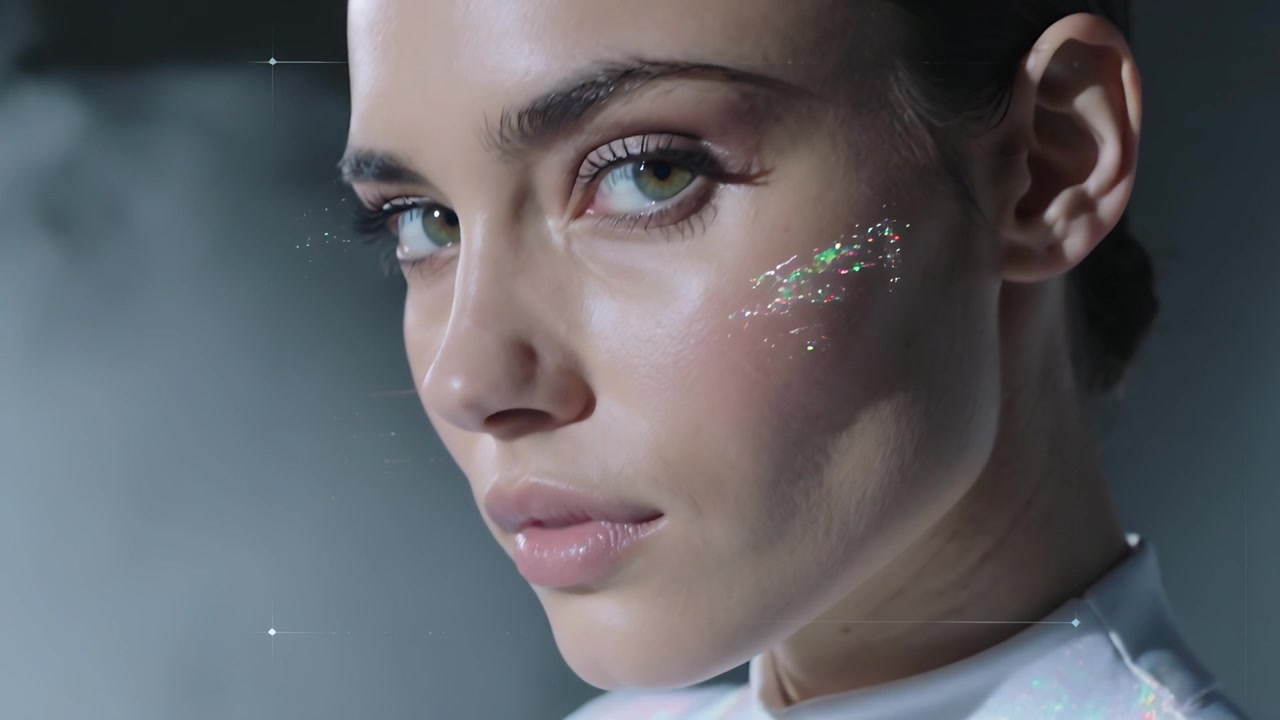 Turning model wearing white high-collar tilting face left for beauty shoot, green particles forming