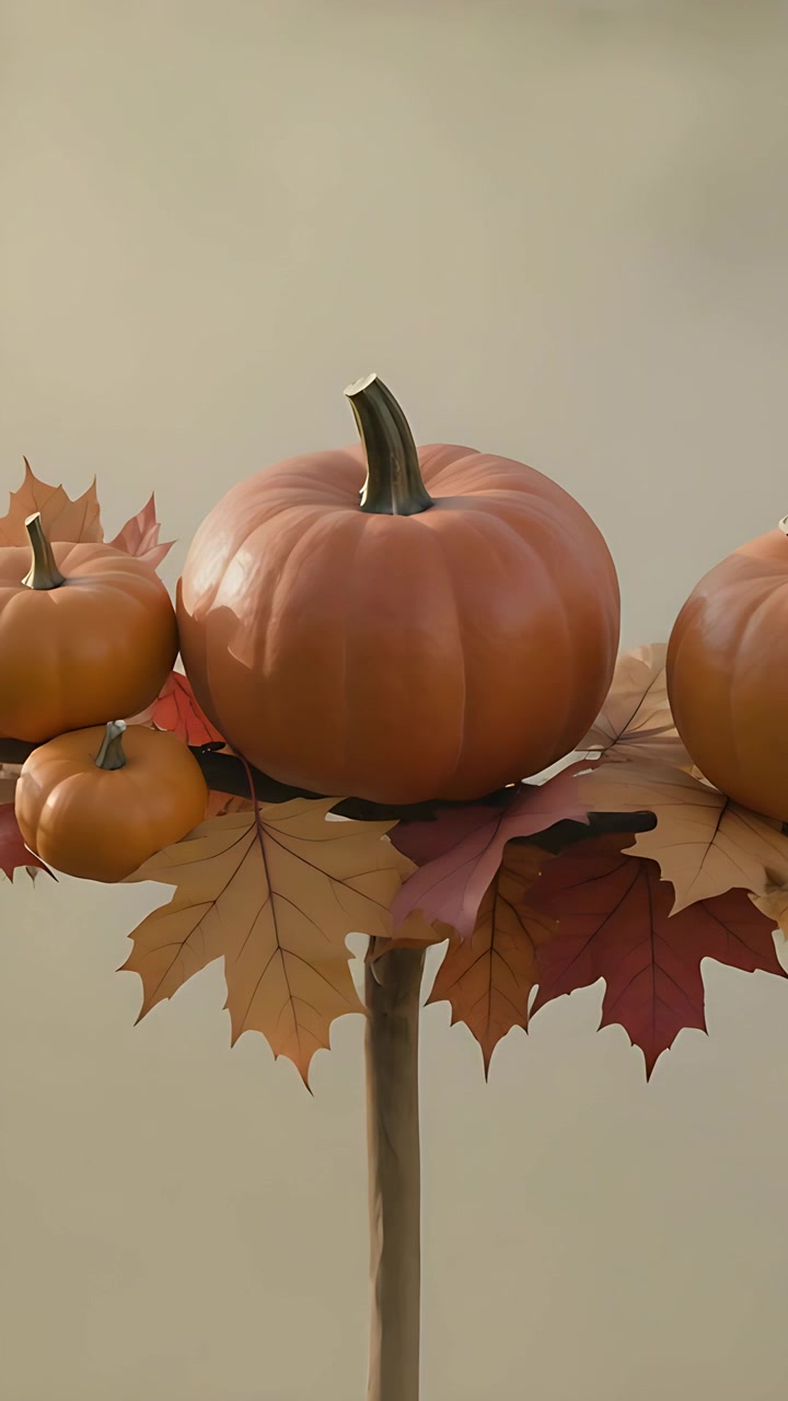 Vertical video: Moving camera revealing pumpkins on stand at warm beige wall, showing maple leaves