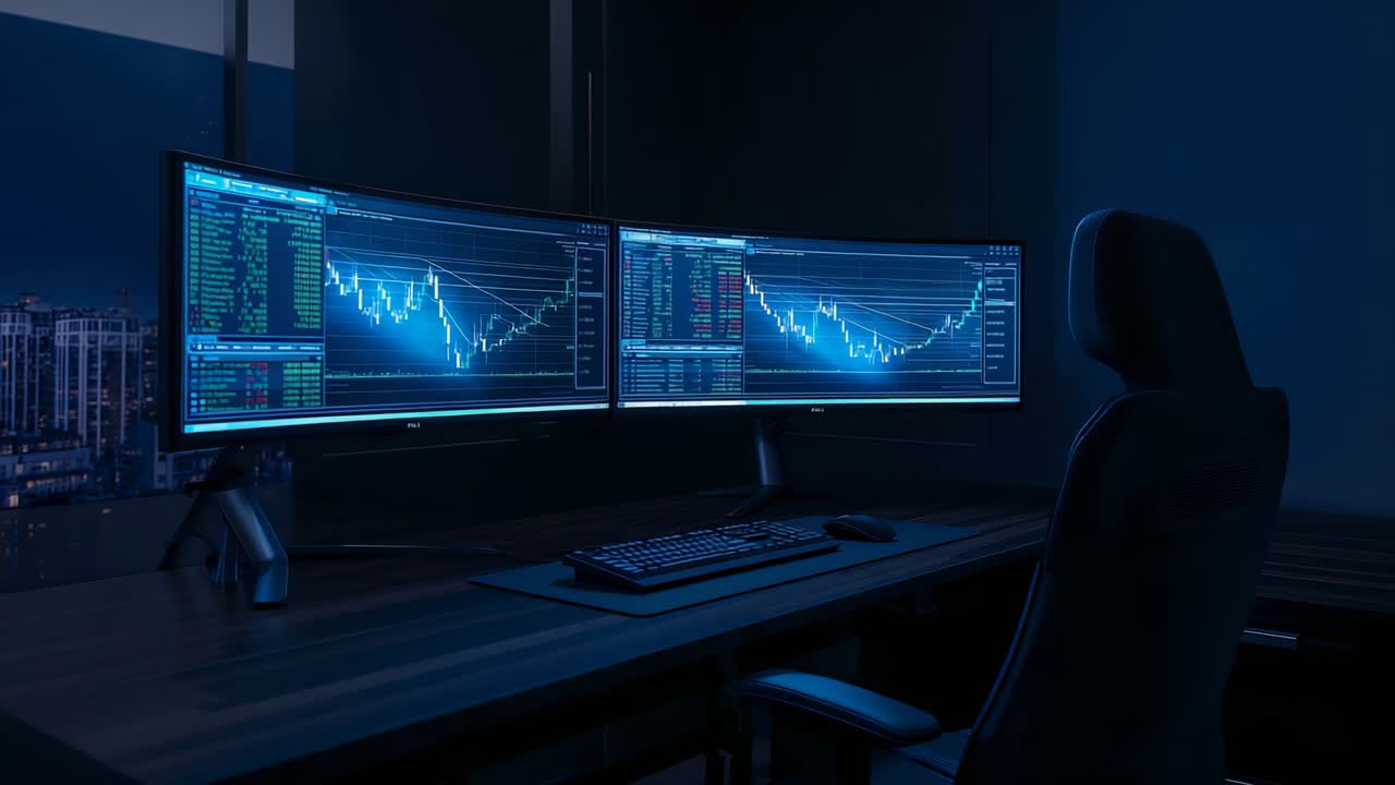 Receiving live updates dual curved monitors displaying rising charts at trading room, night trading