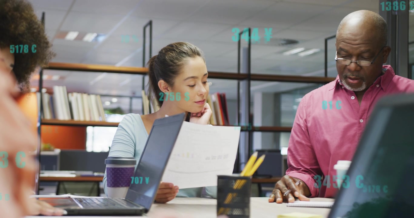 Senior man pointing pen, starting office document review woman turning paper while numbers sliding