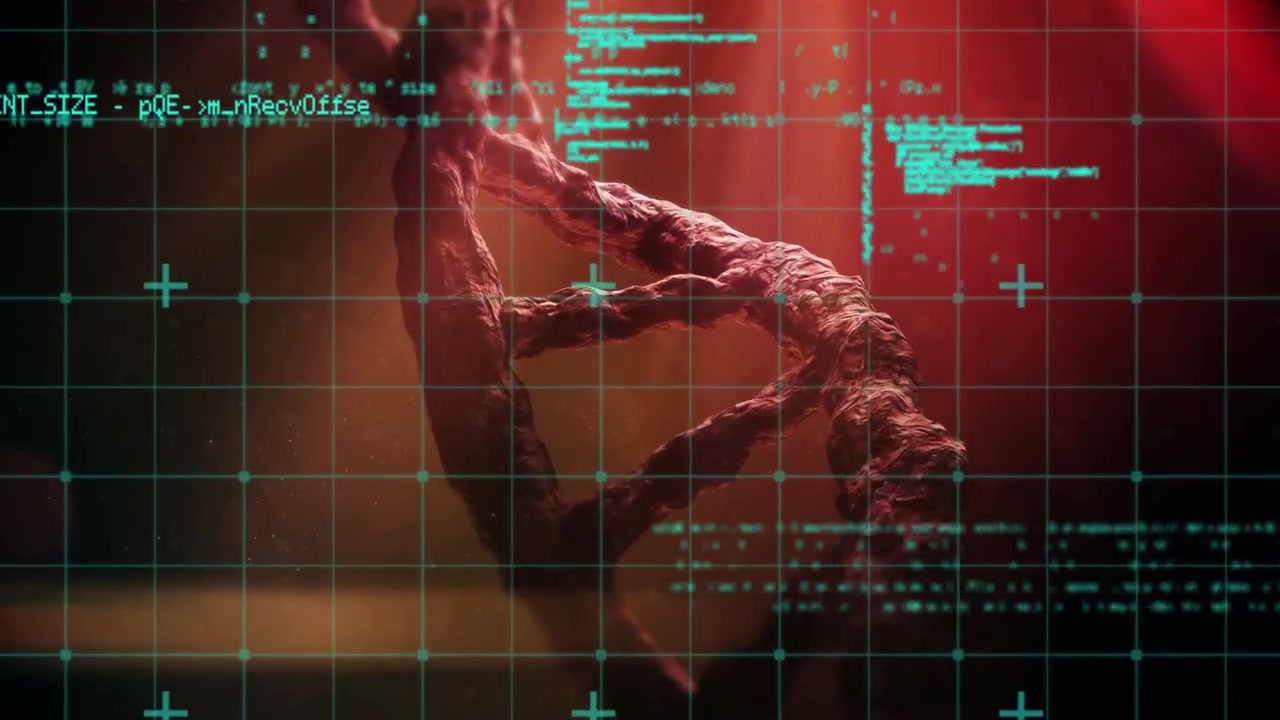Animatie van gegevensverwerking over ronddraaiende 3D DNA-streng