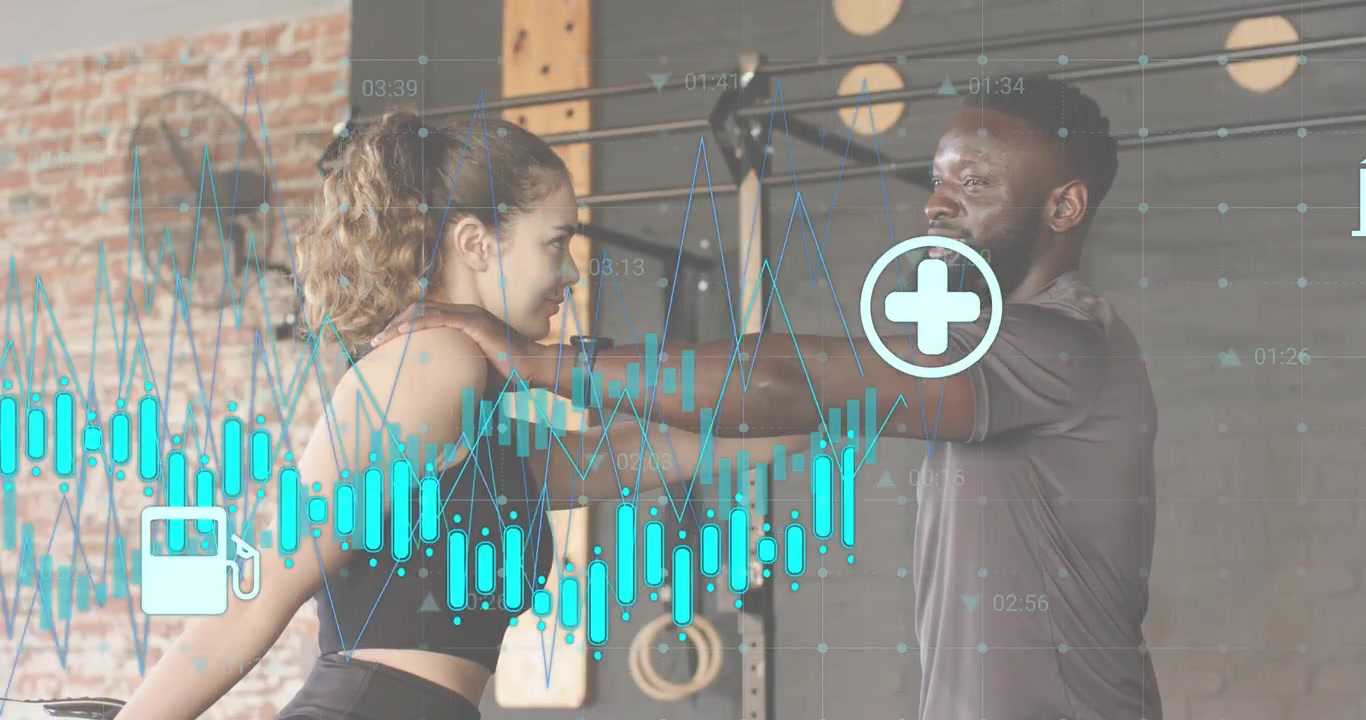 Fitness coach guiding client chest-opening stretch as grid forming and health overlays appearing