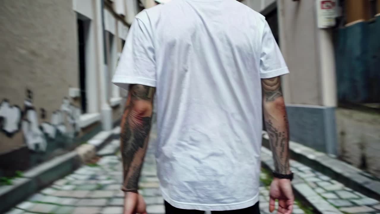 A video captures a tattooed person walking down a narrow alley. The rear view angle emphasizes urban