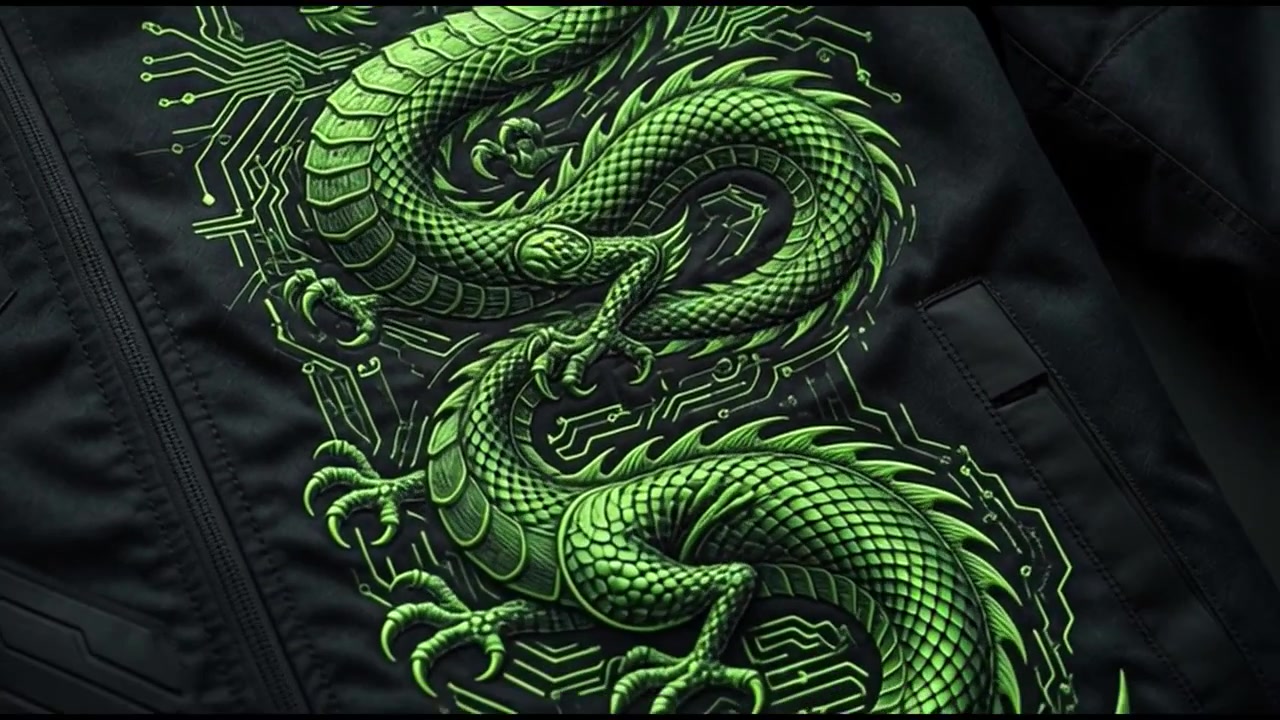 Primo piano di una grafica di drago cibernetico verde su una giacca nera