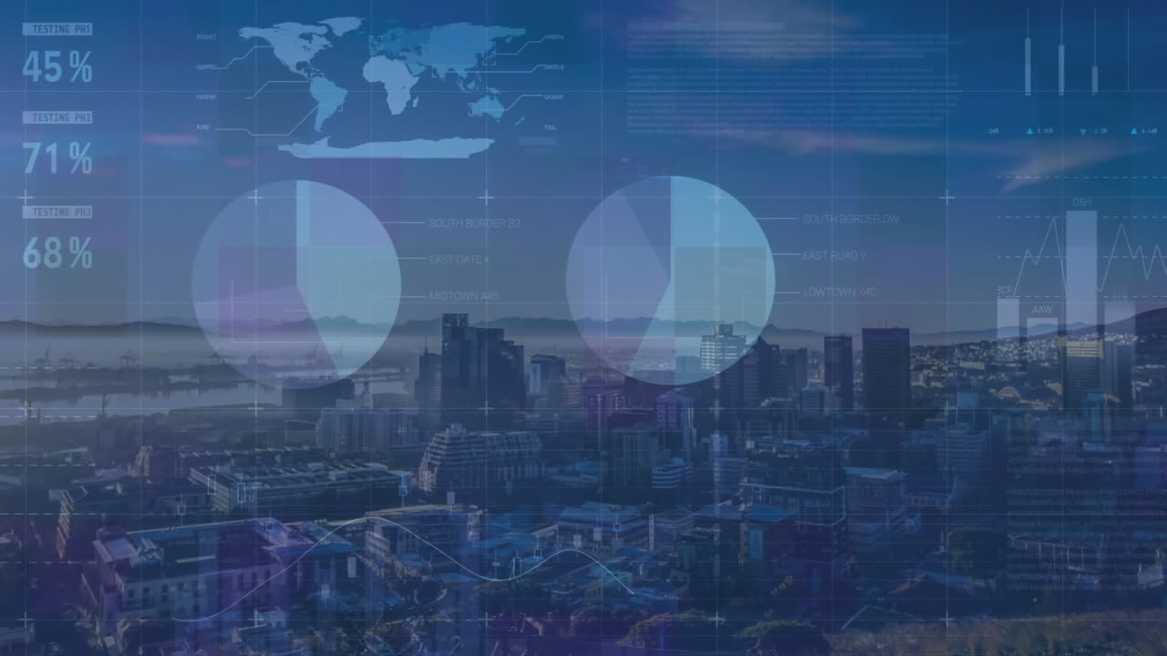 animación del procesamiento de datos estadísticos frente a una vista aérea del paisaje urbano