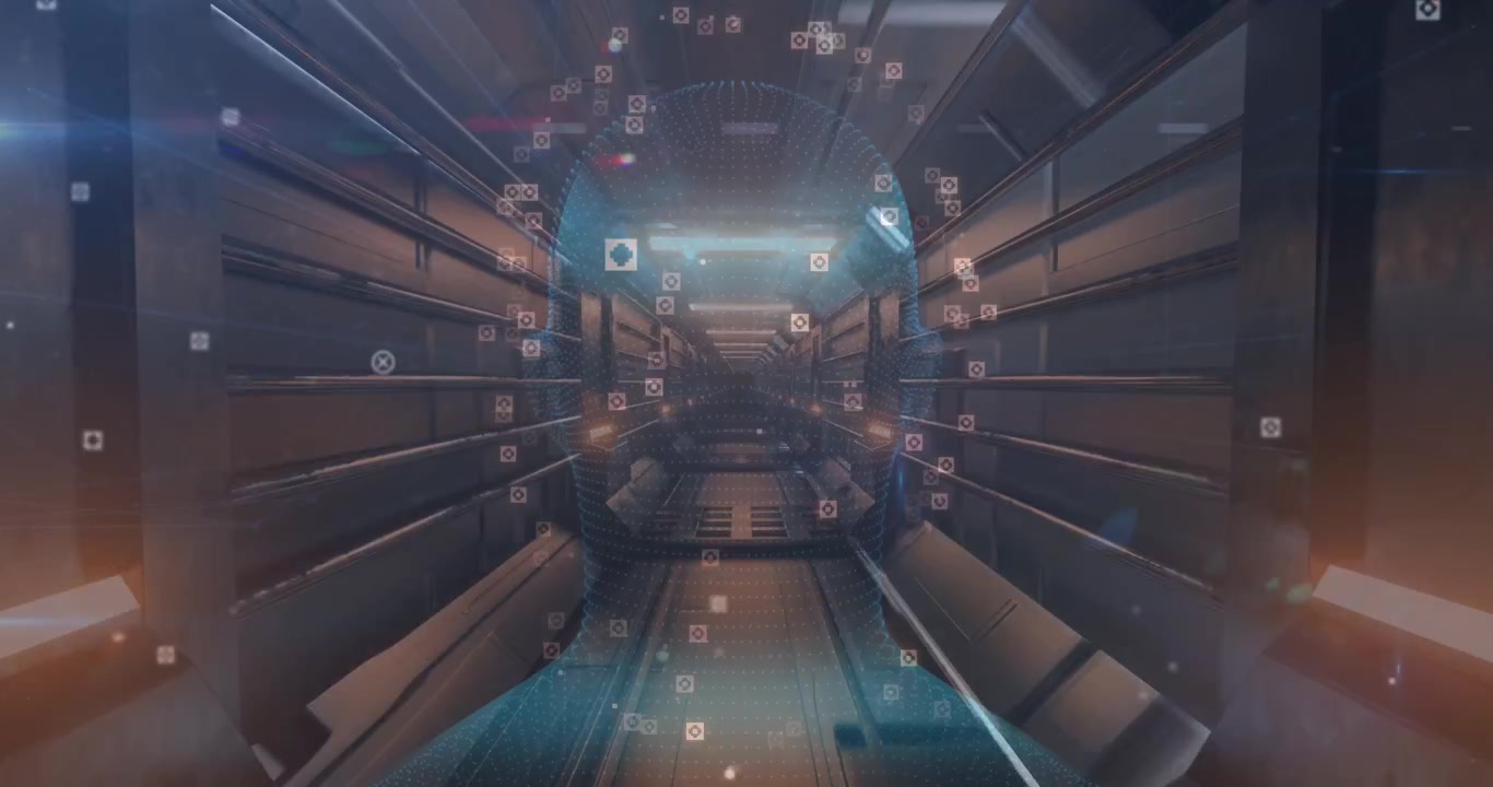 Animation af menneskehoved og markører i neontunnel.