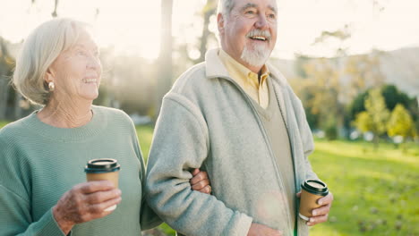 Senior-couple,-coffee-and-park-walk-with-love