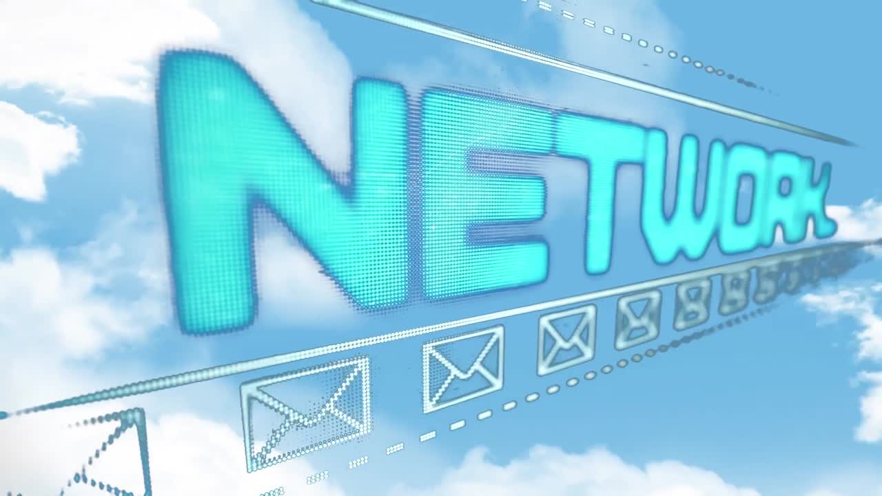 파란 하늘 위의 파란 텍스트 소셜 네트워크 및 이메일 봉투 아이콘의 애니메이션