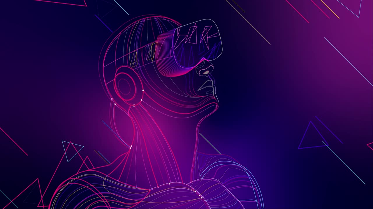 Robot Made Of Neon Lines Wearing VR Glasses Animation. Virtual Reality. Virtual Digital Technology. Glitch Effect. NFT Metaverse Concept. 4K