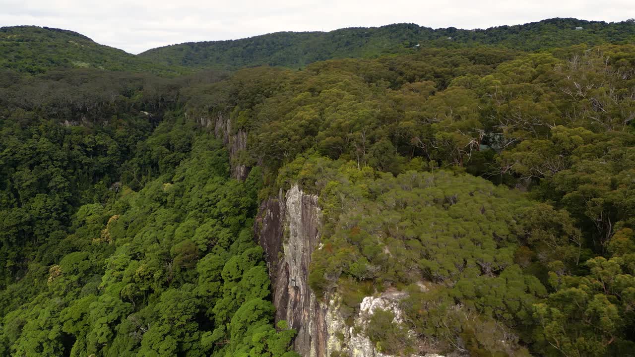 de derecha a izquierda aérea sobre el área de caminata de twin falls, parque nacional springbrook, interior de la costa de oro, queensland, australia