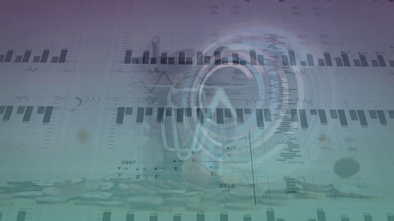 animación del procesamiento de datos financieros y el reloj que se mueve sobre monedas sobre fondo blanco
