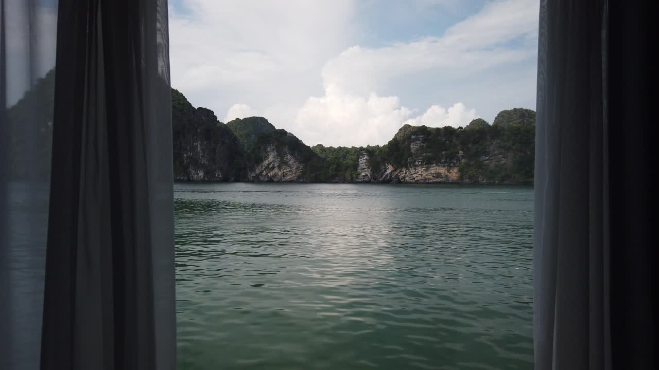 View looking out on the ocean from a houseboat in Halong Bay, Vietnam