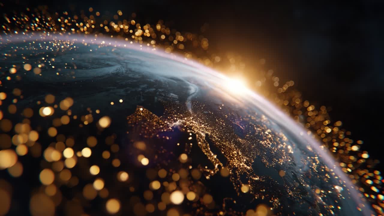 A Stunning View of Earth from Space at Dawn, Illuminated by Brilliant Golden Glows and Dazzling Lights Around the Globe, Captivating the Beauty of Our Planet