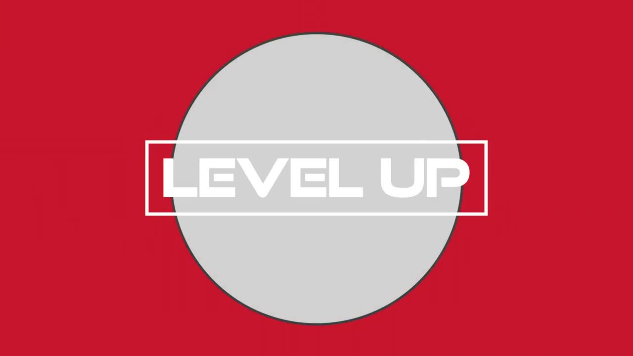 빨간색 배경에  ⁇ 색 원형 배너 위에 레벨 업 텍스트의 디지털 애니메이션