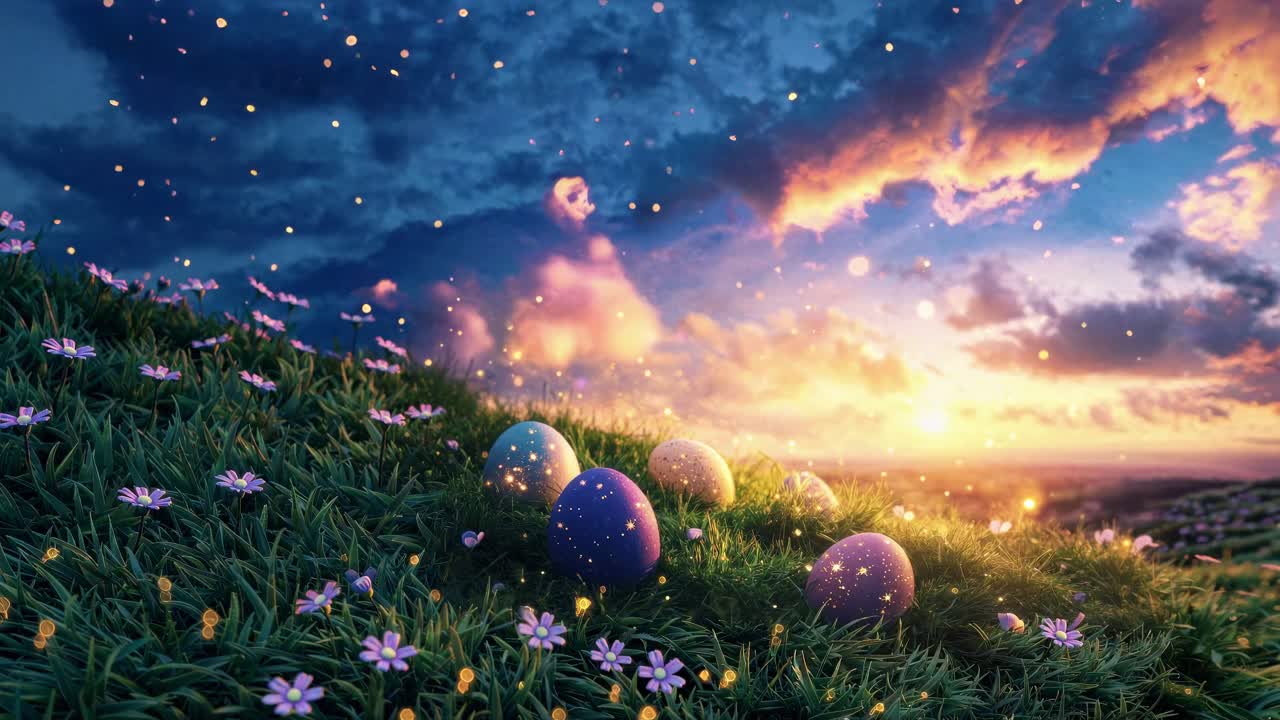 Whimsical video scene of glowing eggs on grass with sparkles, captured from a low angle