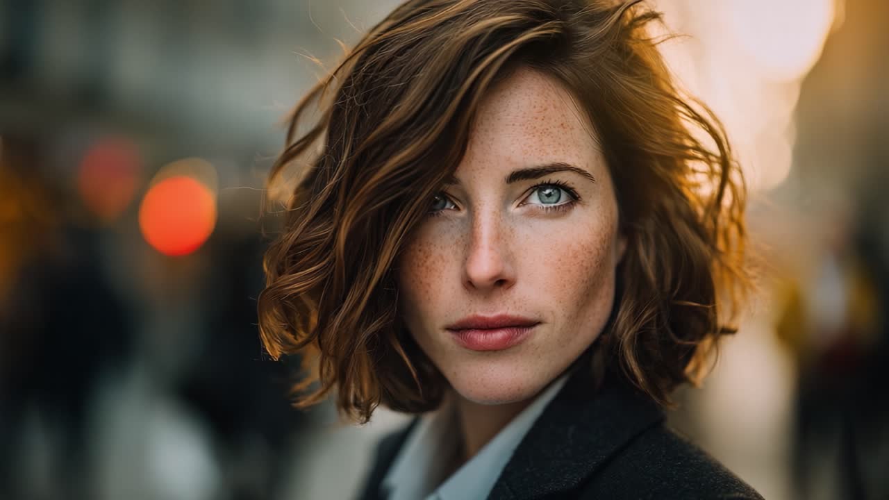 Ritratto accattivante di una donna sicura di sé con lentiggini e occhi luminosi su uno sfondo urbano sfocato durante la luce dell'ora d'oro.