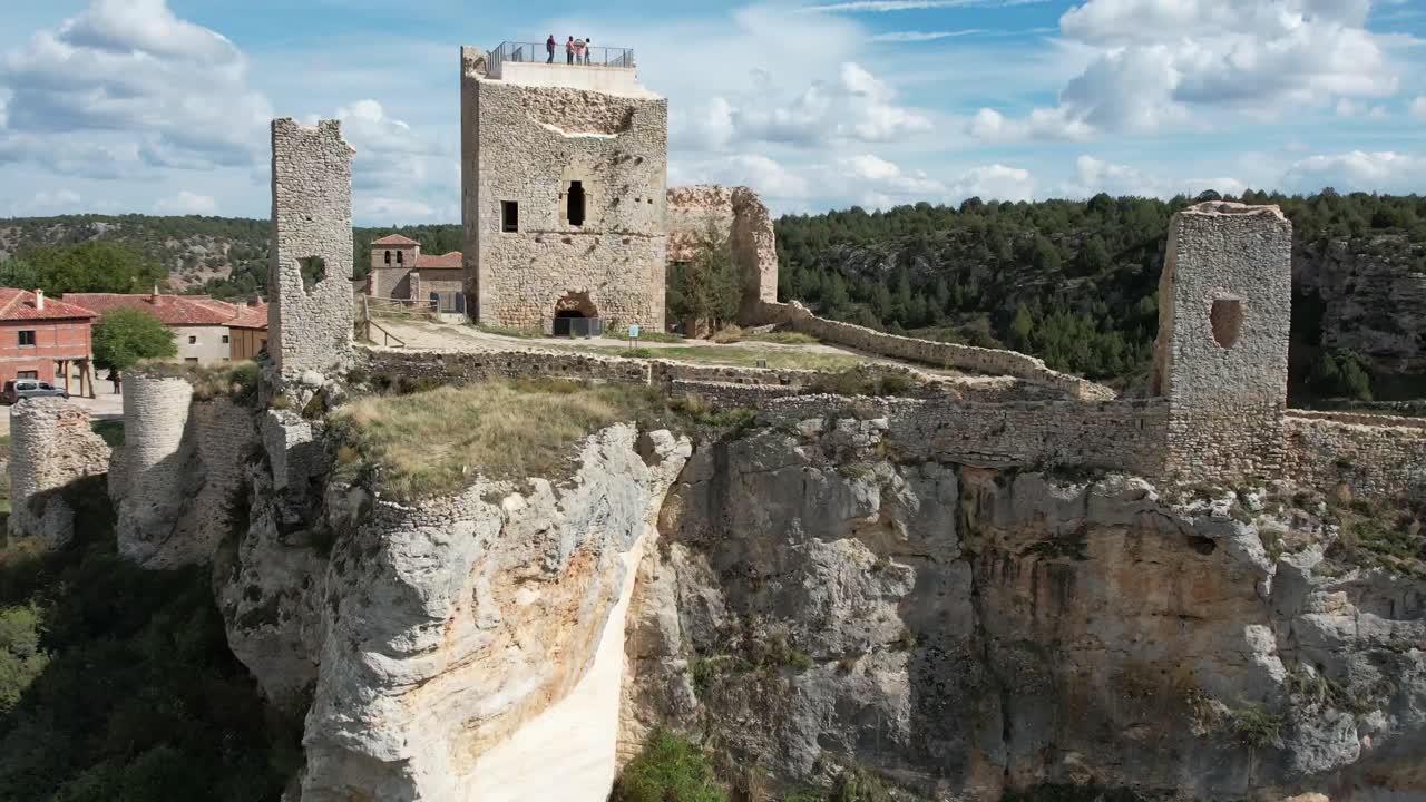 Aerial drone view of the Medieval village of Calata&ntilde;azor, Soria, Spain