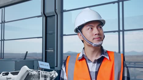 primer plano de un ingeniero asiático con casco de seguridad de pie en una fábrica de alta tecnología, analizando el concepto de la máquina robótica. mirando a su alrededor, comprobando