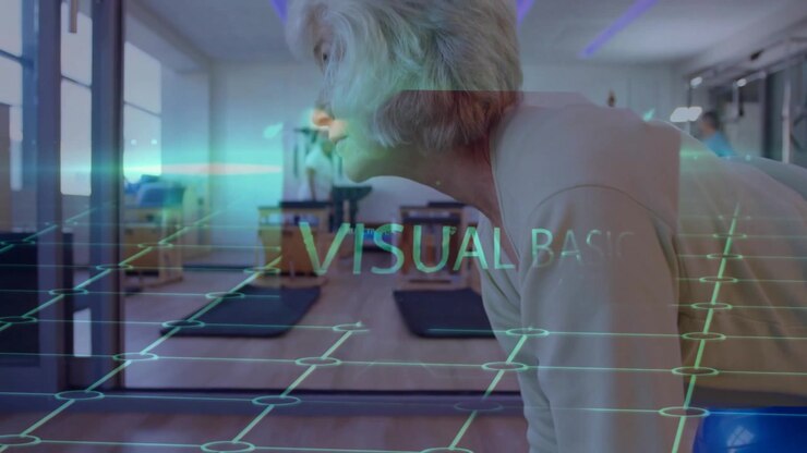 Senior woman pressing stability ball starting hologram grid tracking balance for fitness tech test