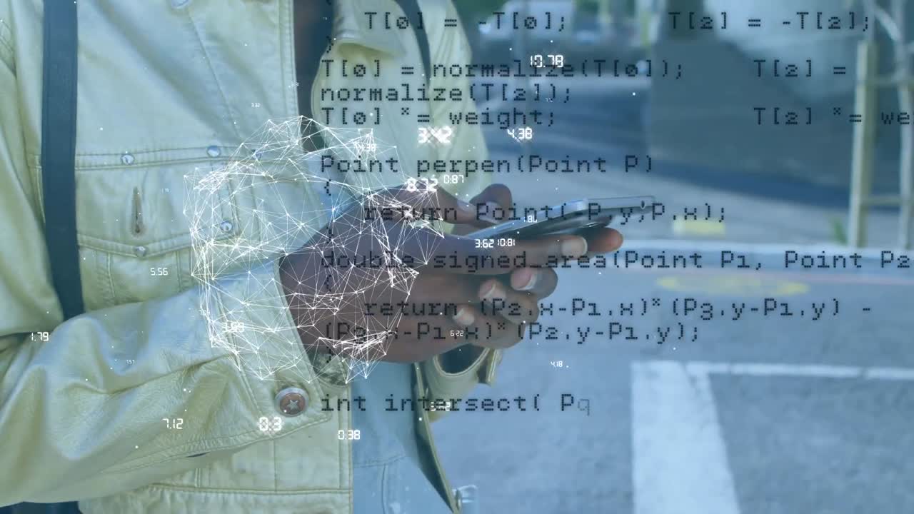 Animation of data processing over african american woman using smartphone