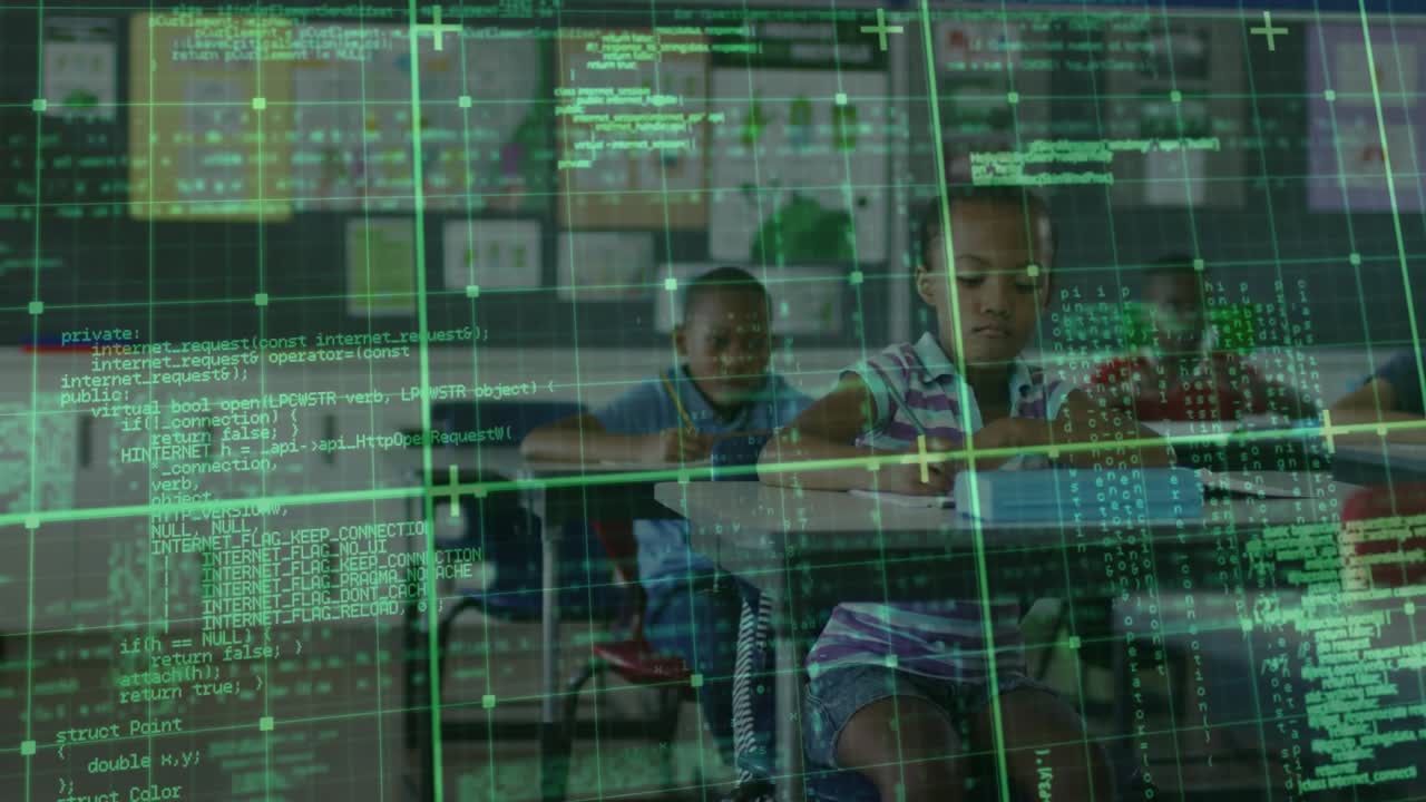 Girl writing and reaching for pencil, green grid overlay shifting, revealing classroom doing task