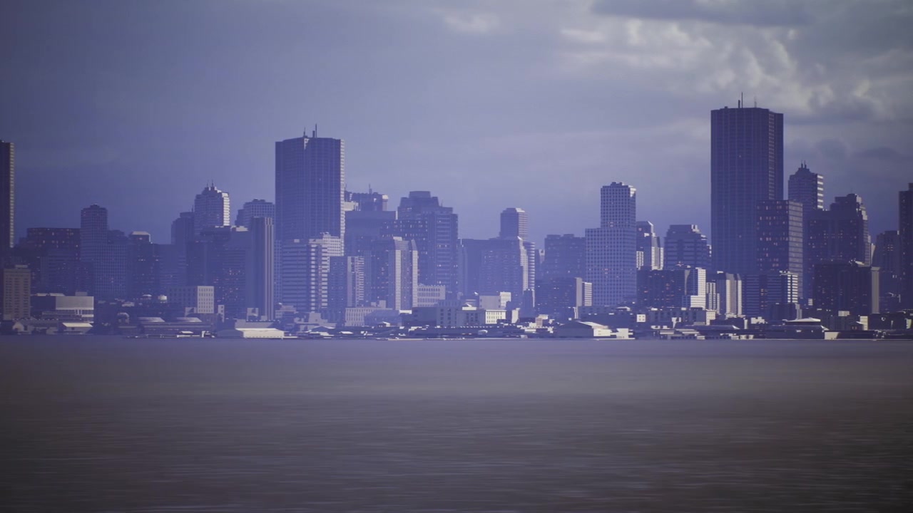 Contemporary metropolitan view showing tall buildings and port structures