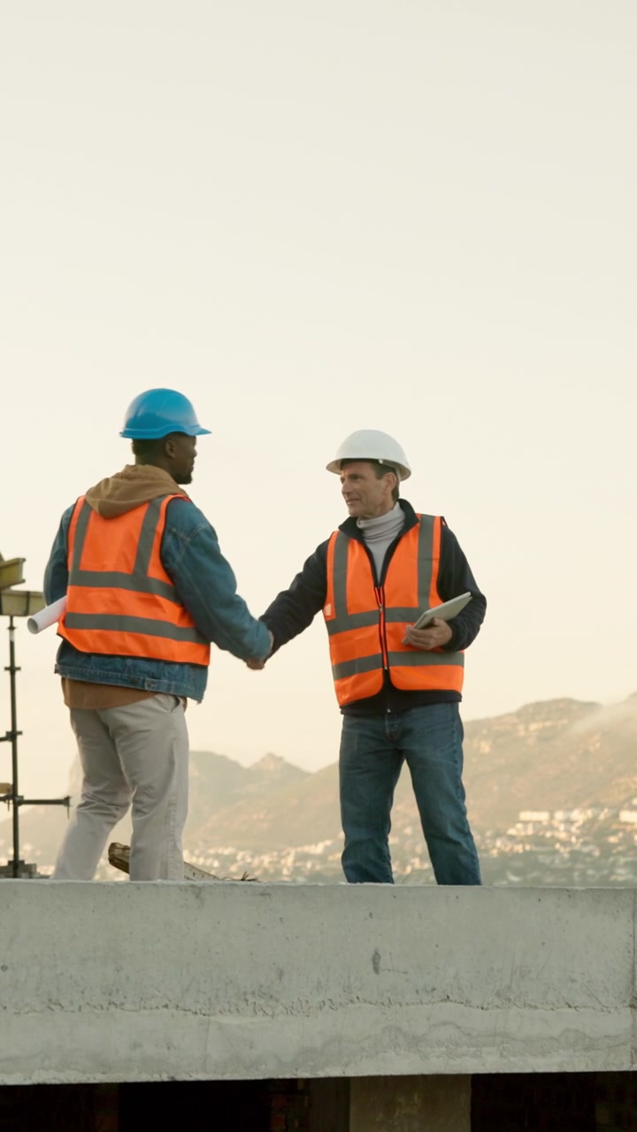 Two Construction Engineers Shaking Hands on Building Site