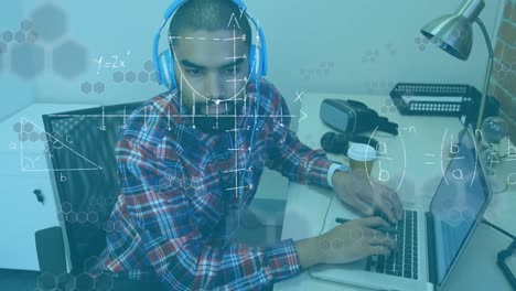 Animation-of-mixed-race-man-wearing-a-headphones-and-using-a-computer-over-mathematics-equations