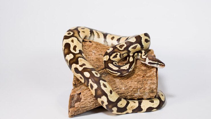 Ein Ringelpython windet und erkundet einen Holzstamm unter sanfter Studiobeleuchtung, minimale Kamerabewegung