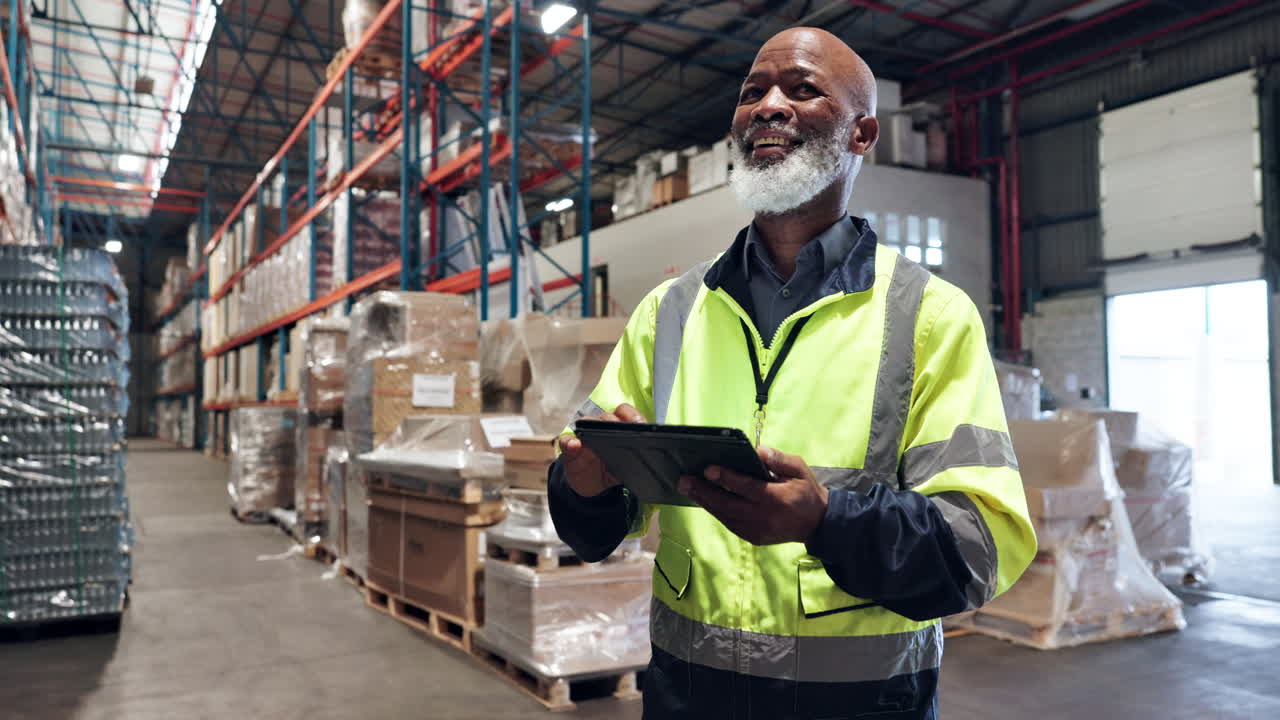 trabajador de almacén que utiliza una tableta