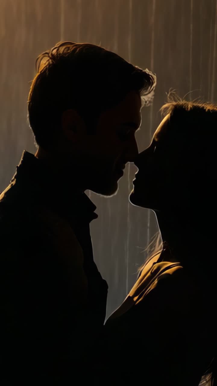Vertical video: Rain falling at night silhouetting couple leaning closer to kiss under soft glow