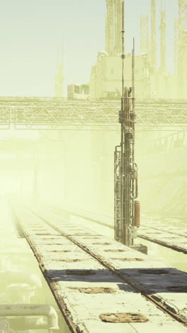 Abandoned industrial site with towering structures and hazy atmosphere