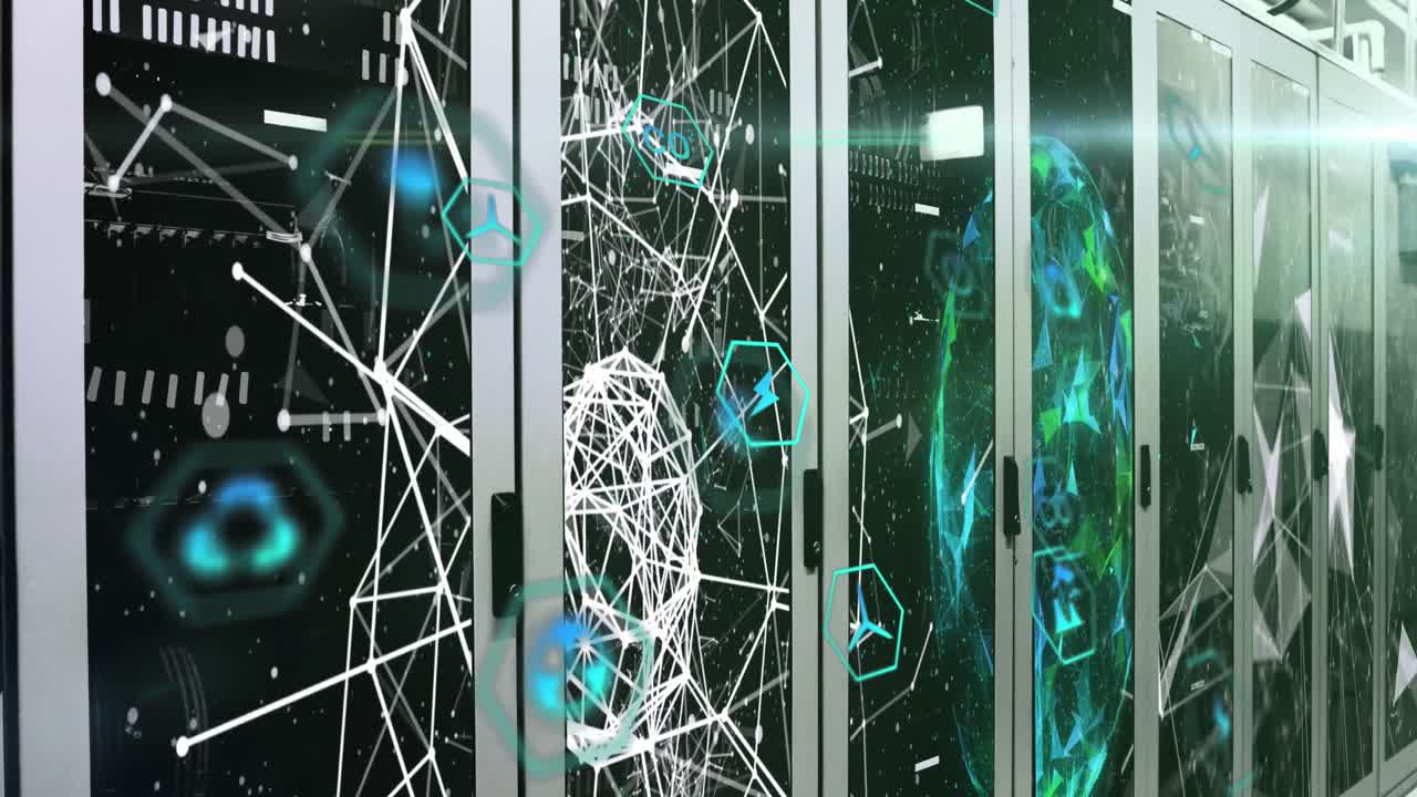 Animation of multiple icons, connected dots and globe over data server systems