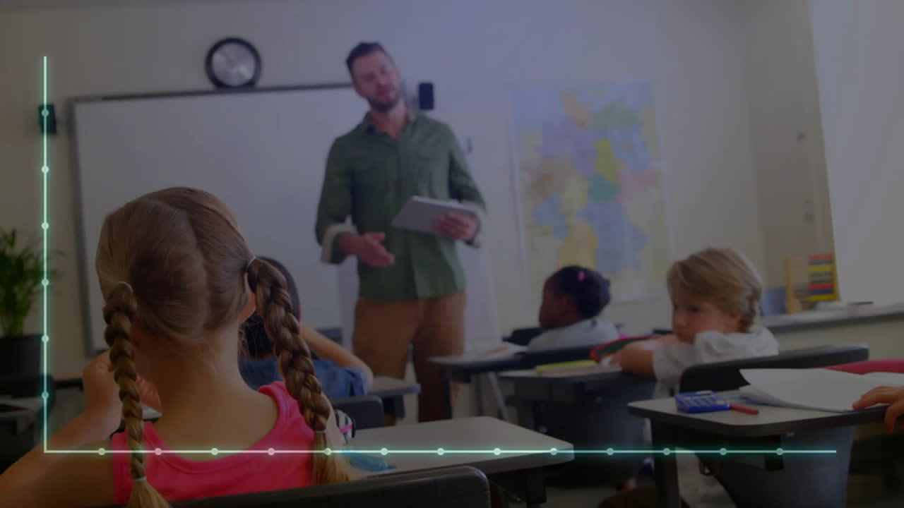 animación de múltiples gráficos sobre diversos maestros que enseñan a los estudiantes en el aula