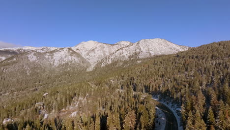 aerial of mountains and forest of douglas firs trees with a road cutting through them