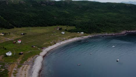 Aerial-View-Of-Leikvika-Hamlet-In-Flakstadvag,-Troms-Norway