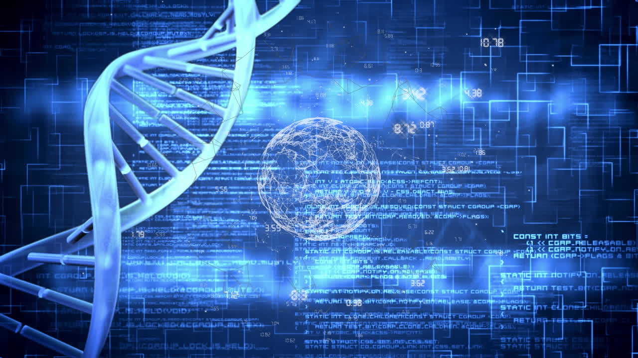 Animation of dna, globe and data processing on blue background
