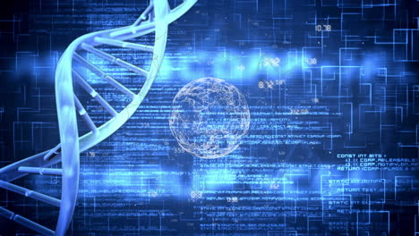 animation of dna, globe and data processing on blue background