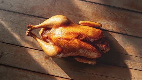 golden roasted duck on rustic wooden table surface