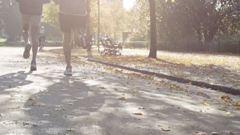 group of runners running in park wearing wearable technology connected devices