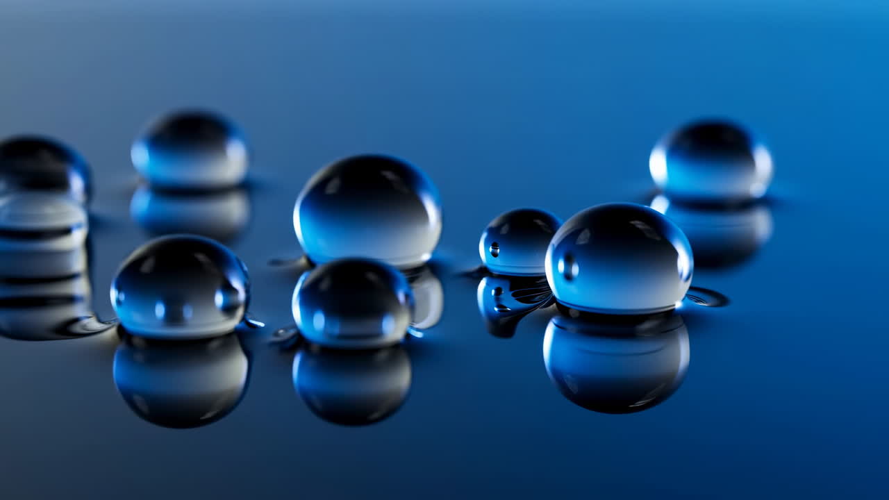 Blue Water Droplets On Reflective Surface, Highcontrast Studio Lighting, Sharp Mirrored Reflections, Closeup