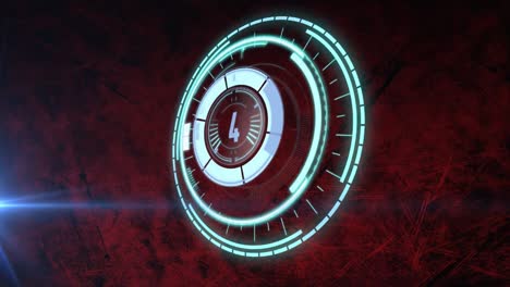 animación de escaneo de alcance con cuenta atrás y rastros de luz sobre fondo rojo